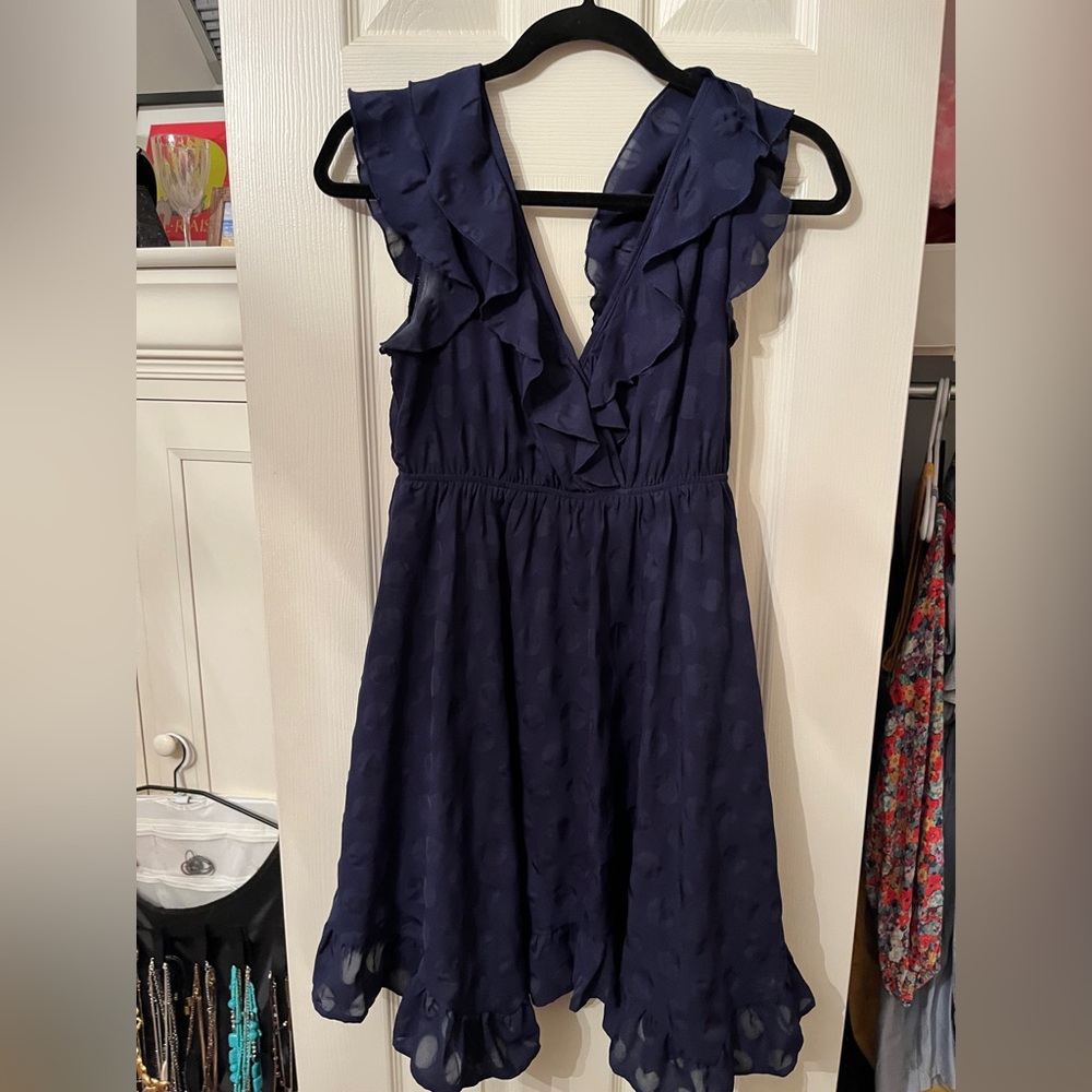 Navy ruffled polka dot dress